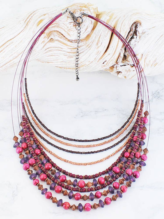 Multi-Strand Layered Bead Necklace - Pink & Purple Tones