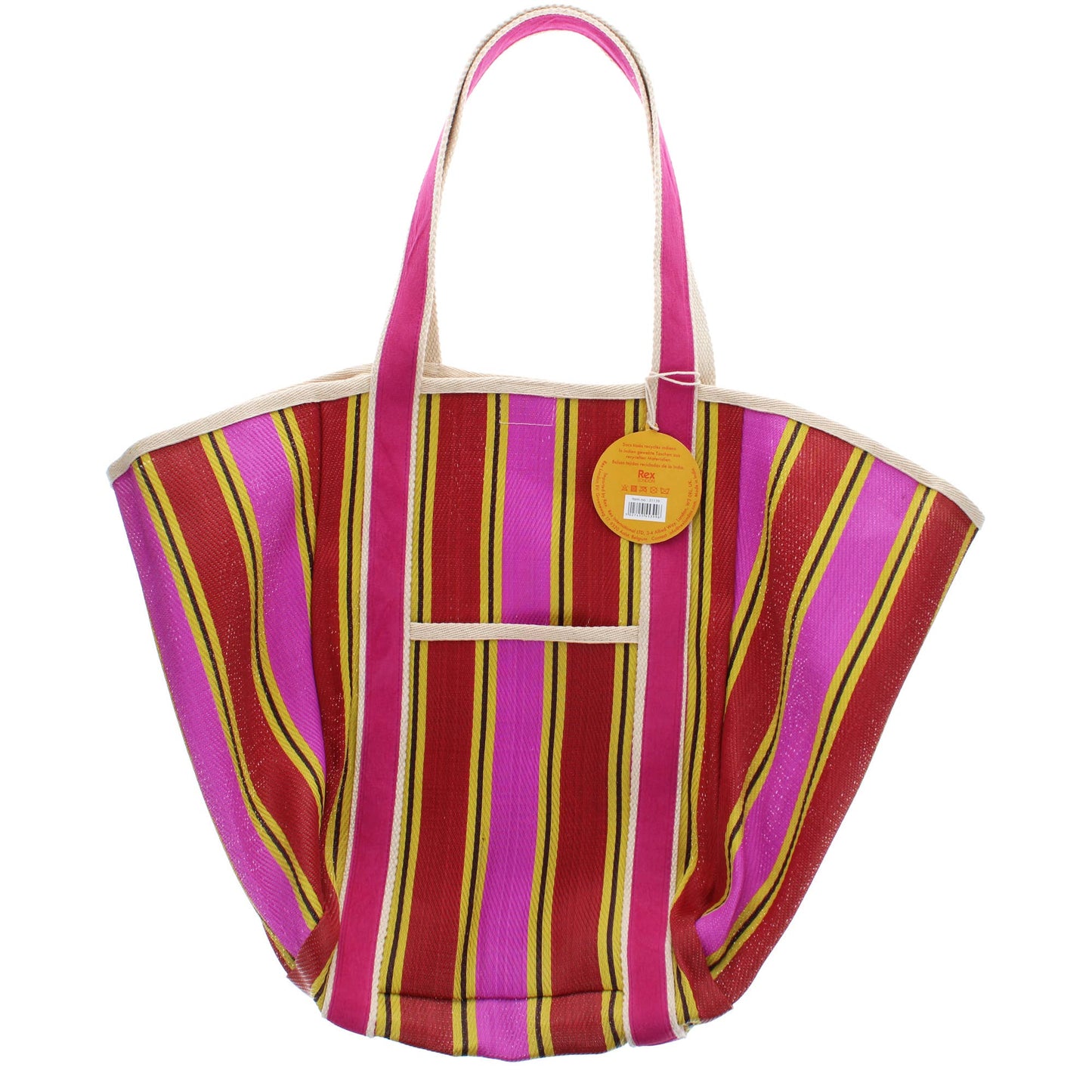 Bold Recycled Woven Tote Bag – Striped Yellow, Pink & Red Shopper with Canvas Handles