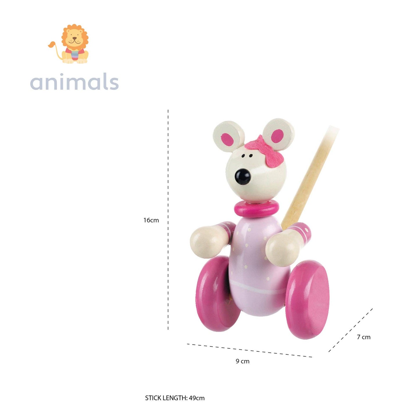 Wooden Pink Mouse Push Along Toyg