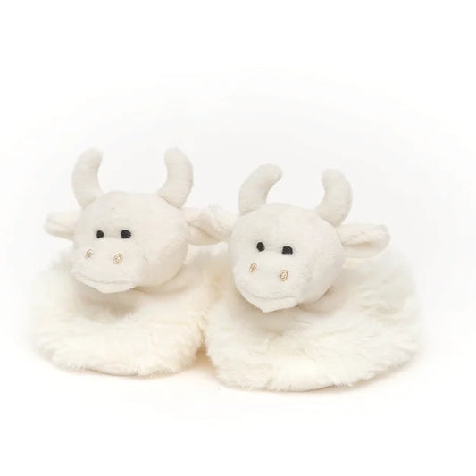 Highland Cow Plush Baby Slippers – Cream, 0-6 Months