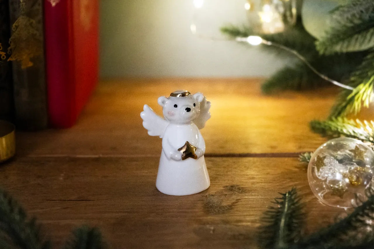 Angel Bear Ceramic Christmas Charm – White with Gold Halo & Star
