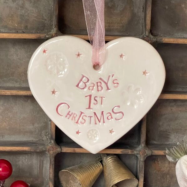 Handmade Hanging Ceramic Heart with Thoughtful Message - Baby’s 1st Christmas (pink)