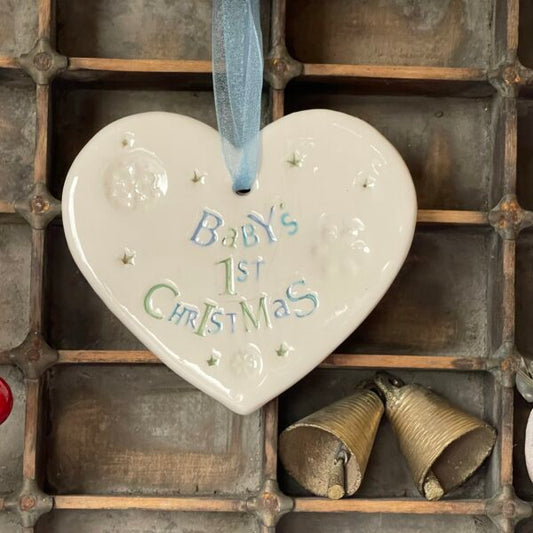 Handmade Hanging Ceramic Heart with Thoughtful Message - Babys 1st Christmas (blue)
