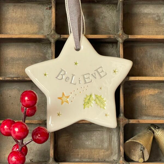 Handmade Hanging Ceramic Decoration with Thoughtful Message- Christmas Believe Star