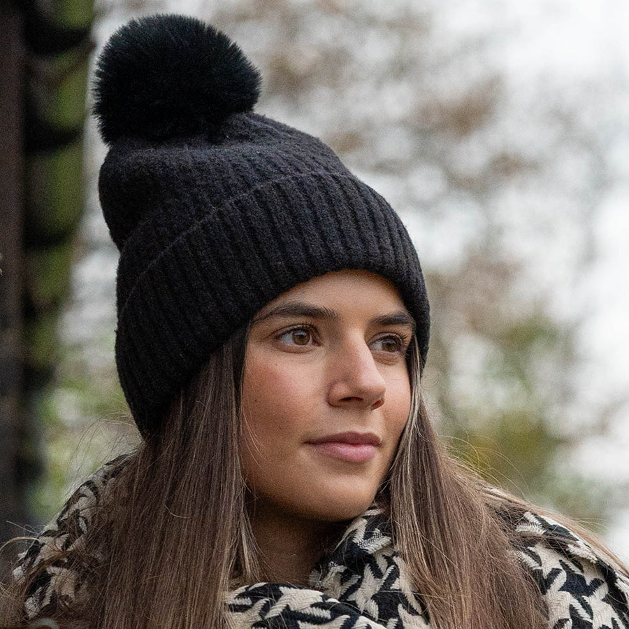 Recycled Blend Black Bobble Hat – Classic Ribbed Knit with Faux Fur Pompom