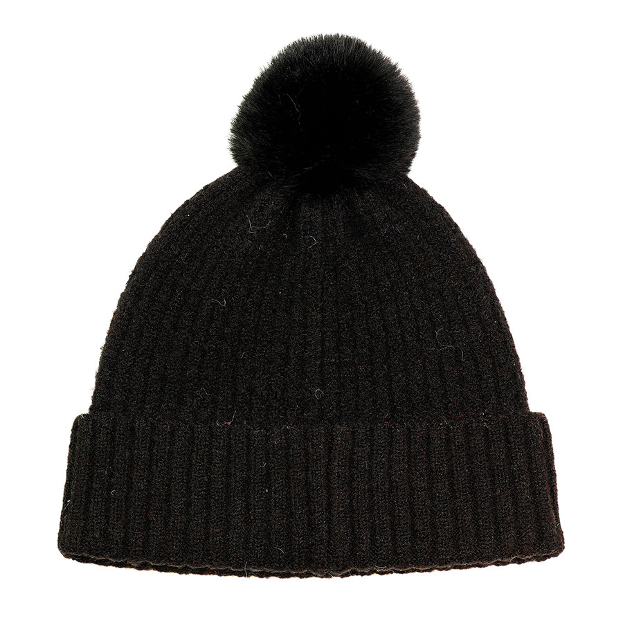 Recycled Blend Black Bobble Hat – Classic Ribbed Knit with Faux Fur Pompom