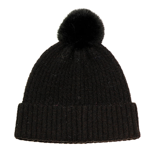 Recycled Blend Black Bobble Hat – Classic Ribbed Knit with Faux Fur Pompom