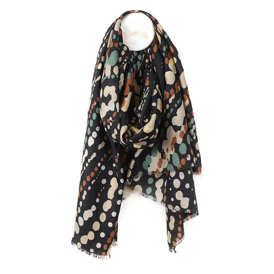 Black Painted Dotty Wave Print Scarf with Metallic Overlay