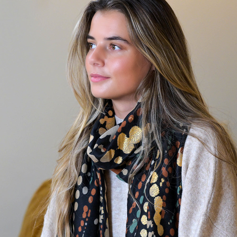 Black Painted Dotty Wave Print Scarf with Metallic Overlay