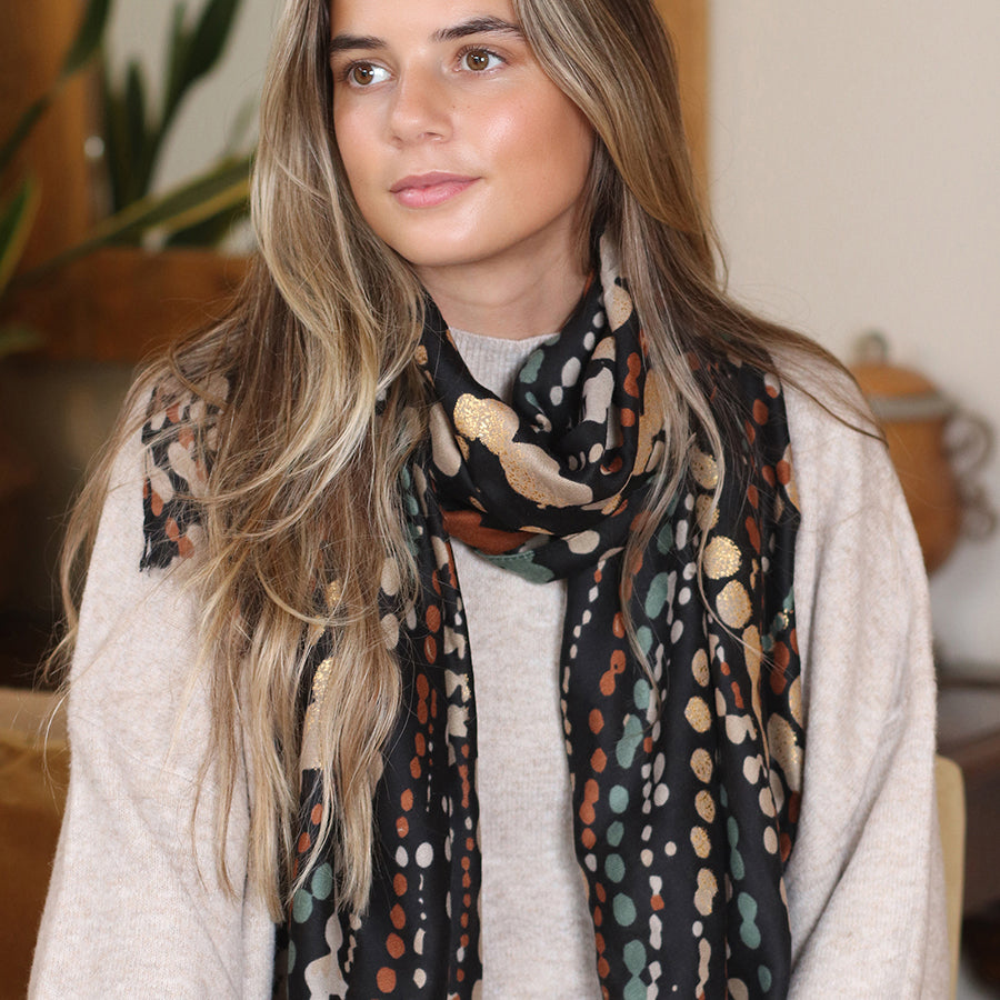 Black Painted Dotty Wave Print Scarf with Metallic Overlay