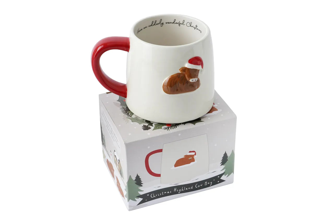Christmas Highland Cow Mug – Ceramic Santa Hat Design