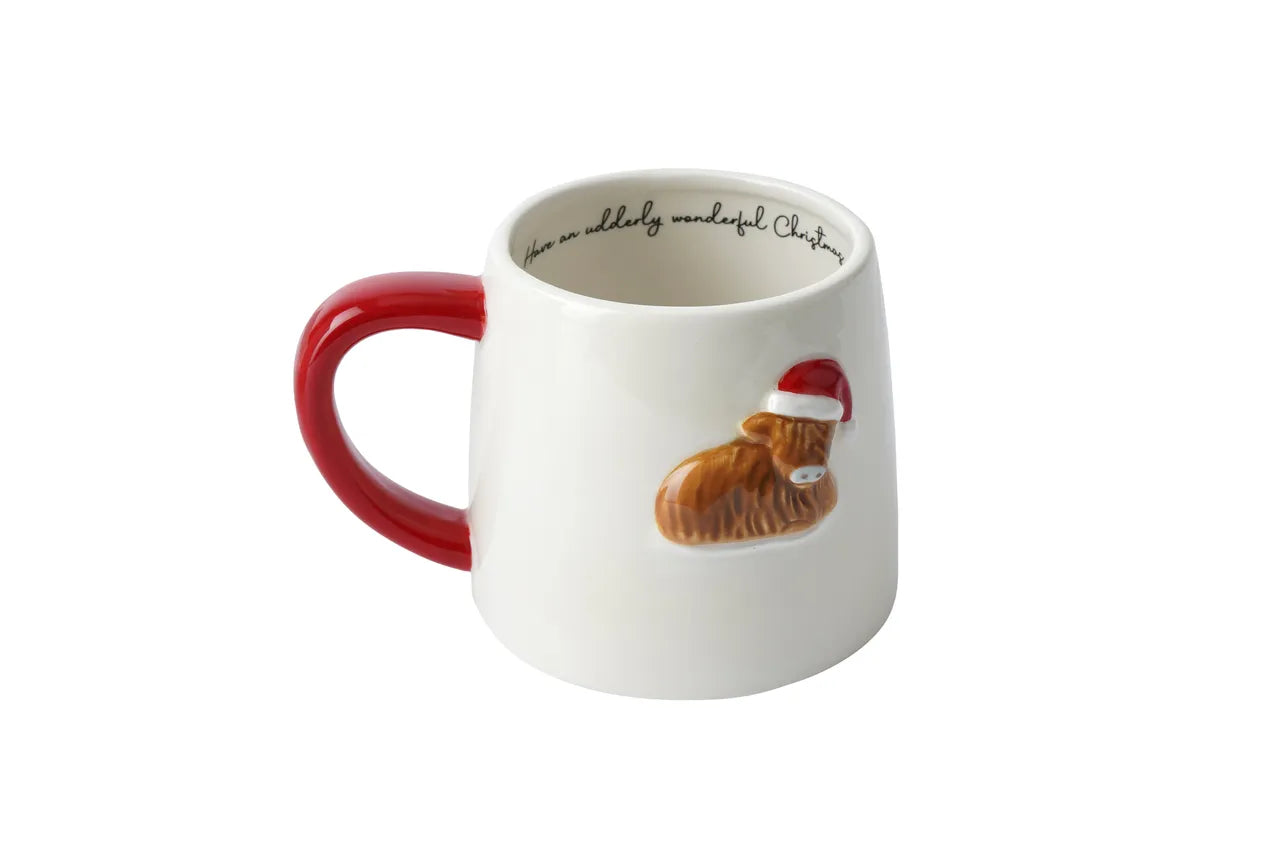 Christmas Highland Cow Mug – Ceramic Santa Hat Design
