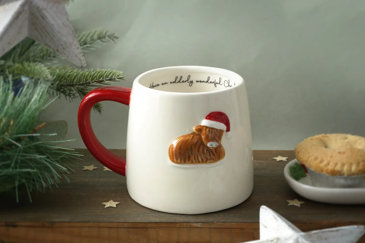Christmas Highland Cow Mug – Ceramic Santa Hat Design