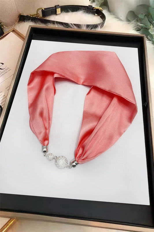 Coral Silk-Feel Neck Scarf with Diamanté Magnetic Clasp
