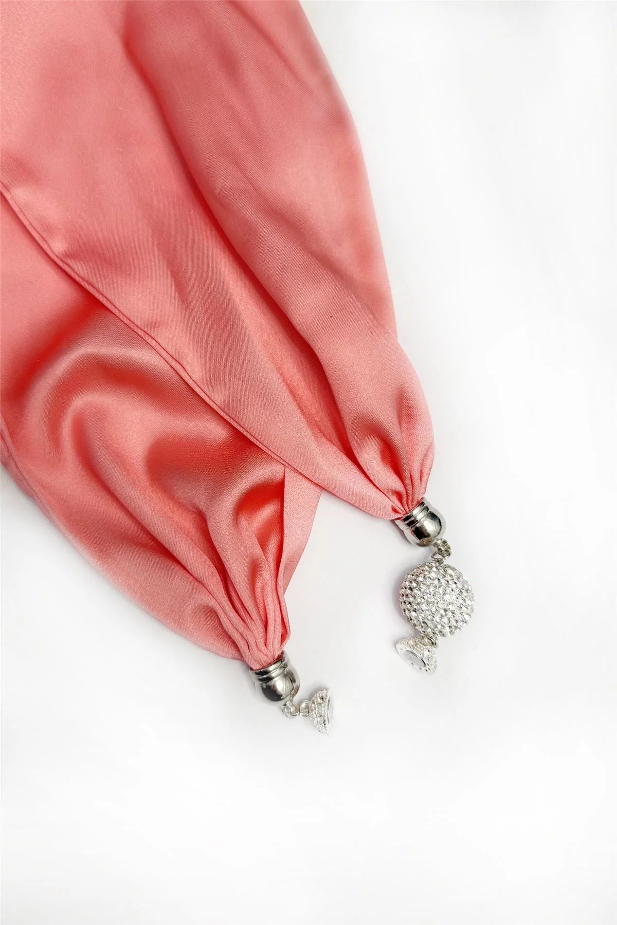Coral Silk-Feel Neck Scarf with Diamanté Magnetic Clasp
