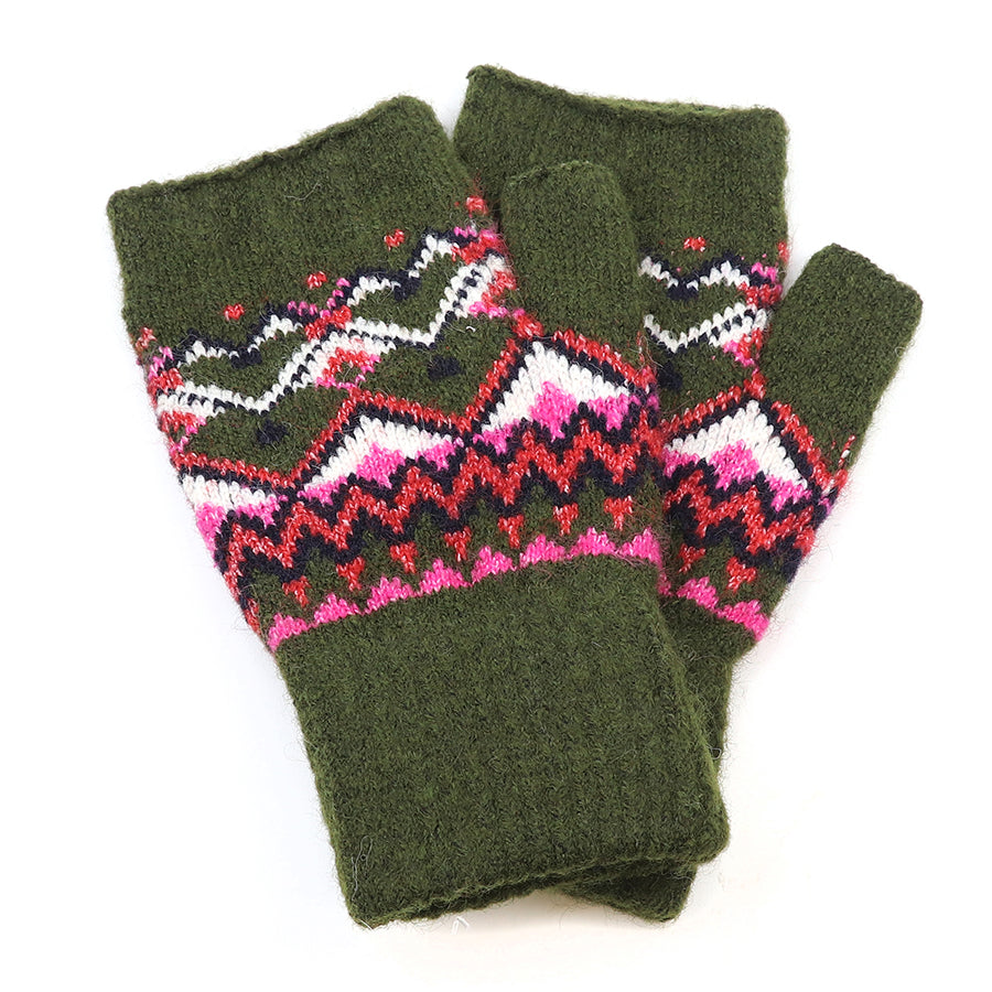 Deep Khaki & Pink Fair Isle Fingerless Wrist Warmers