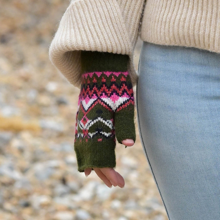 Deep Khaki & Pink Fair Isle Fingerless Wrist Warmers