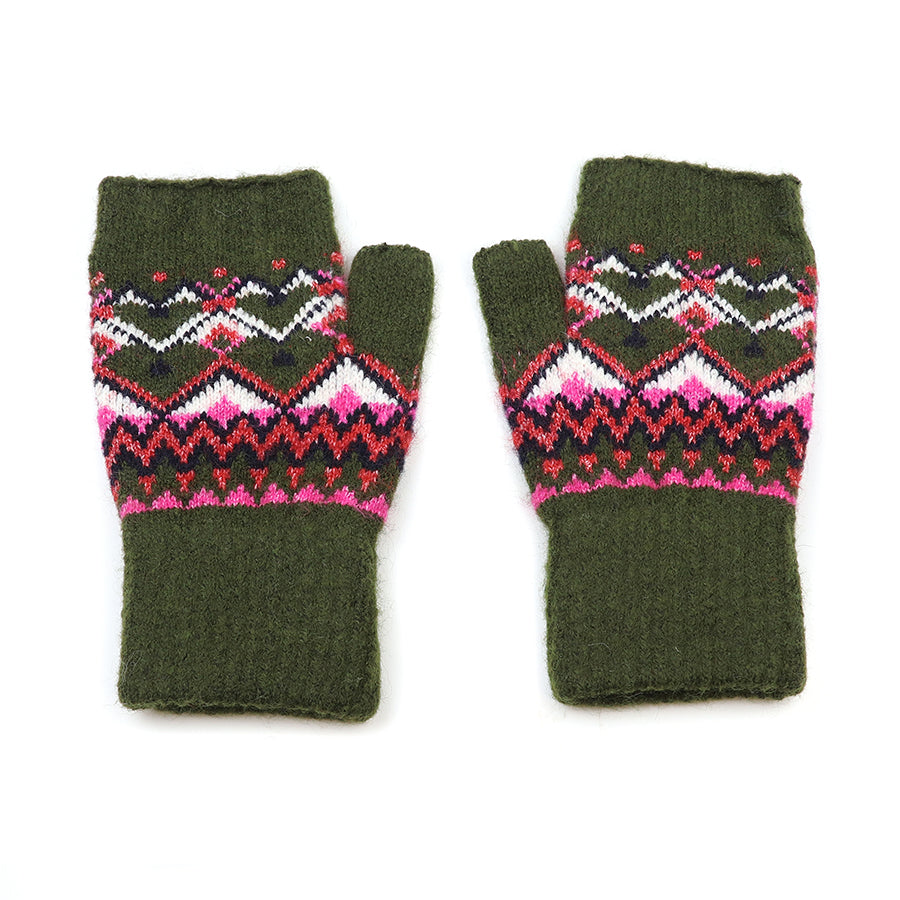 Deep Khaki & Pink Fair Isle Fingerless Wrist Warmers