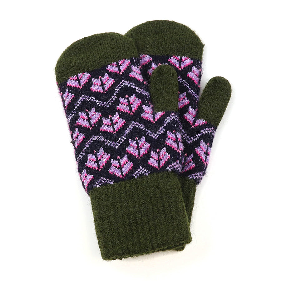 Deep Khaki and Lilac Scandi Knit Mittens