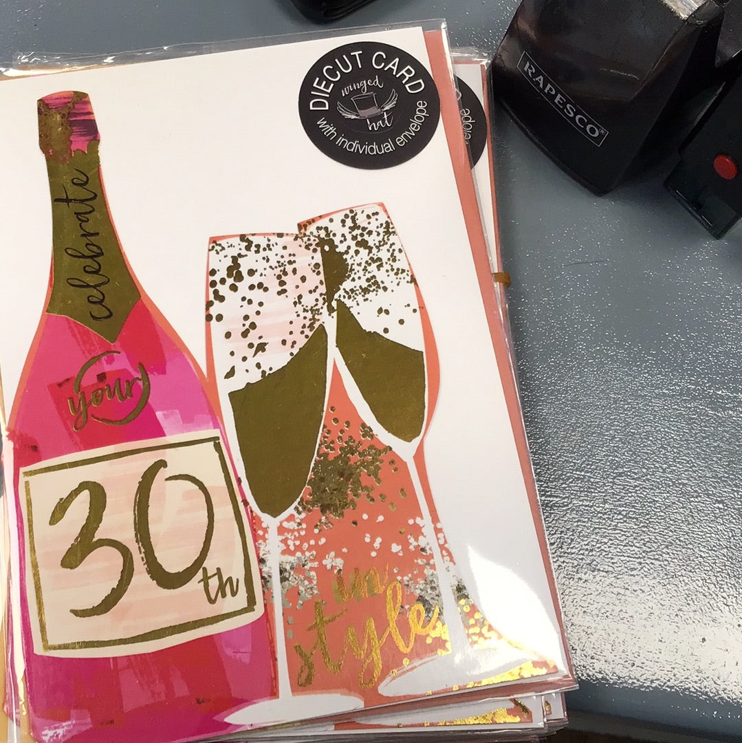30th Birthday Card - winged hat - die cut card