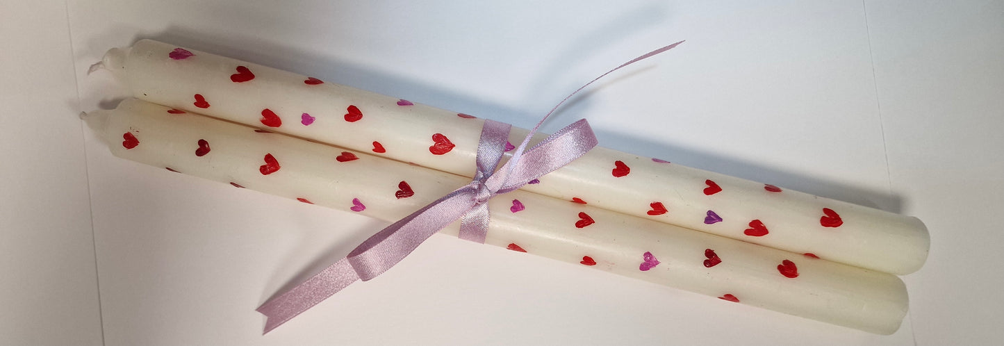 Hand-Painted Tall Tapered Candle Pair – Delicate Love Heart Design