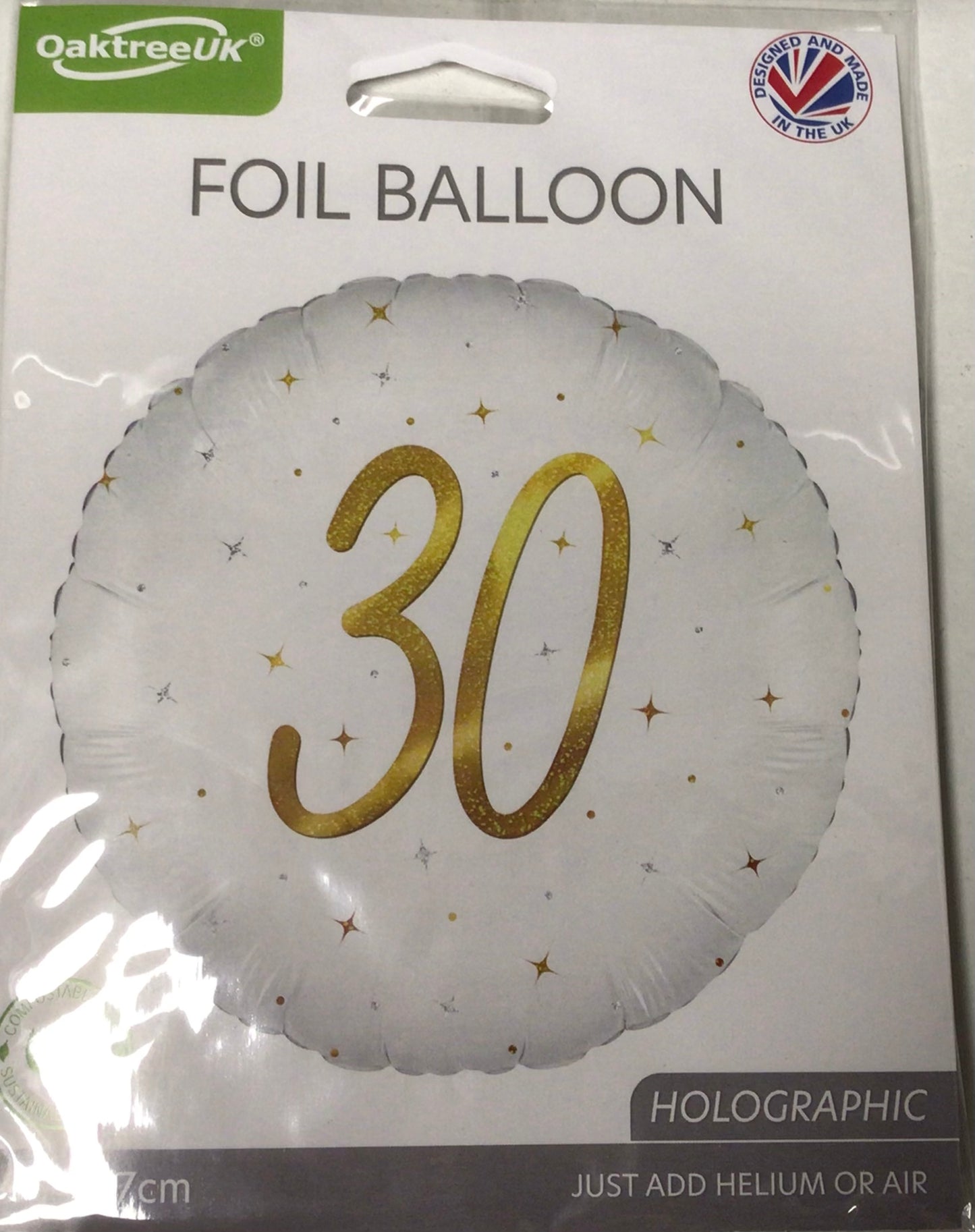 18” white and gold foil 30th round shaped balloon