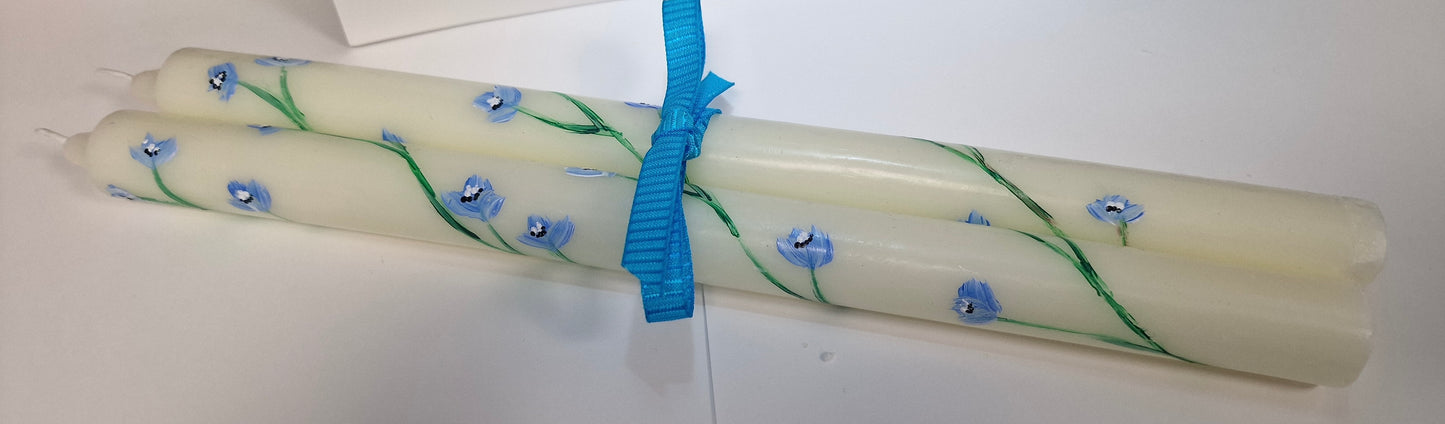 Hand-Painted Tall Tapered Candle Pair – Scottish Forget-Me-Not Floral Design