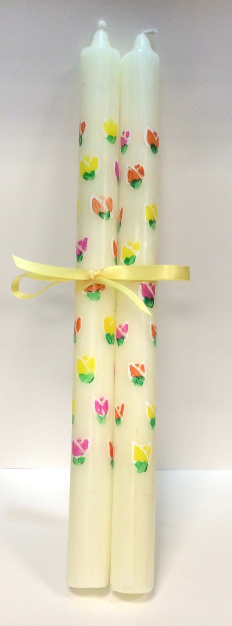Hand-Painted Tall Tapered Candle Pair - Tulip Floral Design
