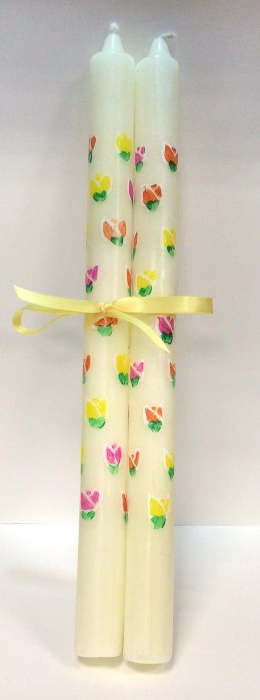 Hand-Painted Tall Tapered Candle Pair - Tulip Floral Design