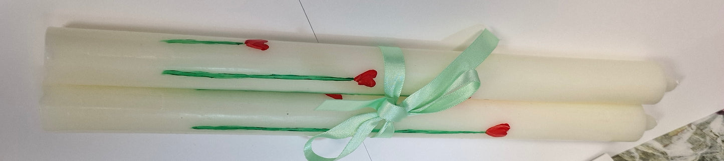 Hand-Painted Tall Tapered Candle Pair – Love Heart Stemmed Flower Design