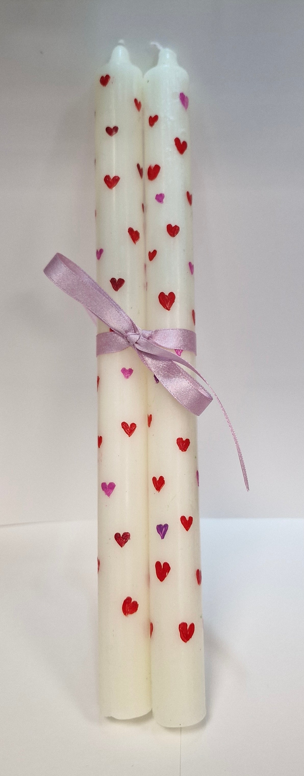 Hand-Painted Tall Tapered Candle Pair – Delicate Love Heart Design