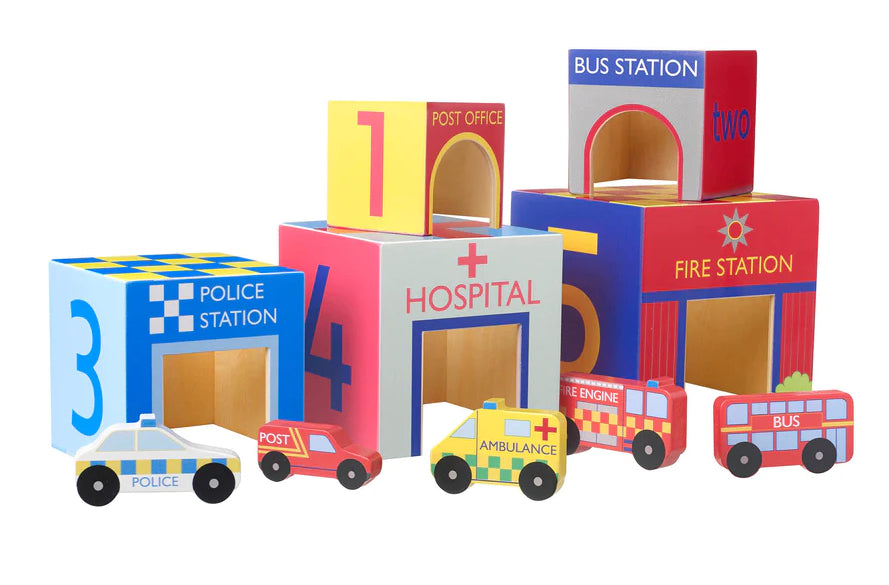 Orange Tree Toys Emergency Services Wooden Stacking Cubes: Eco-Friendly Imaginative Play Set. Available at Sweet P, Burnside, Glasgow