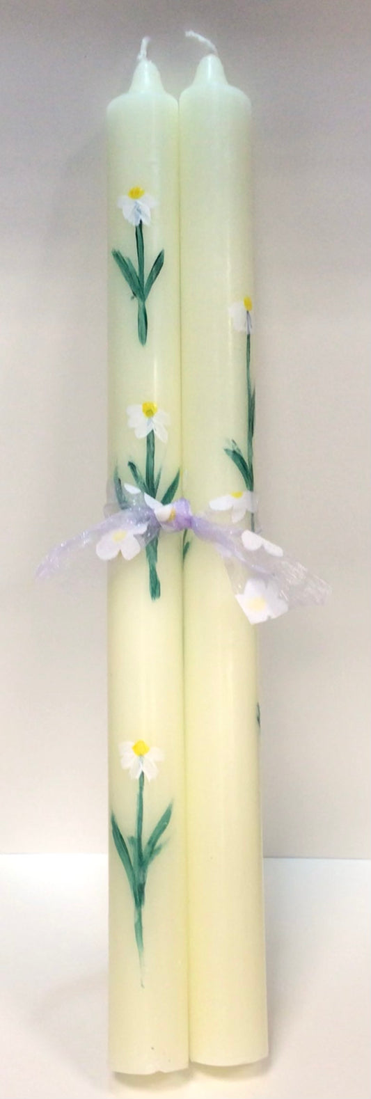 Hand-Painted Tall Tapered Candle Pair - Daisy Floral Design