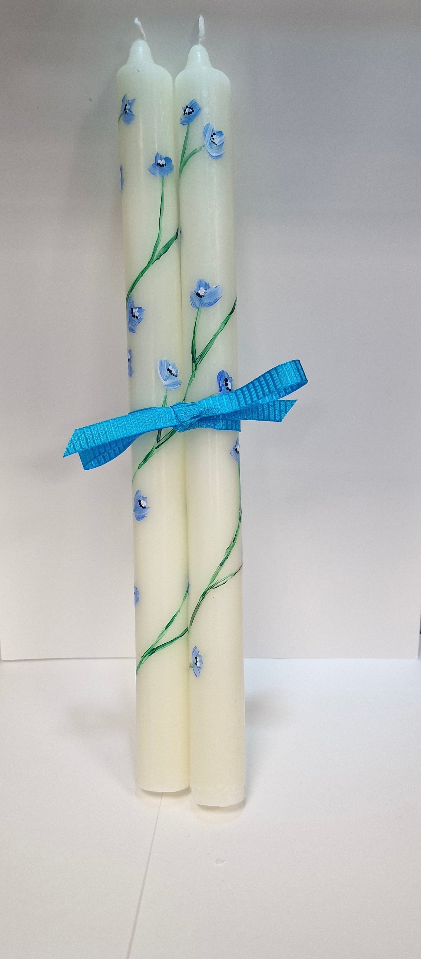 Hand-Painted Tall Tapered Candle Pair – Scottish Forget-Me-Not Floral Design