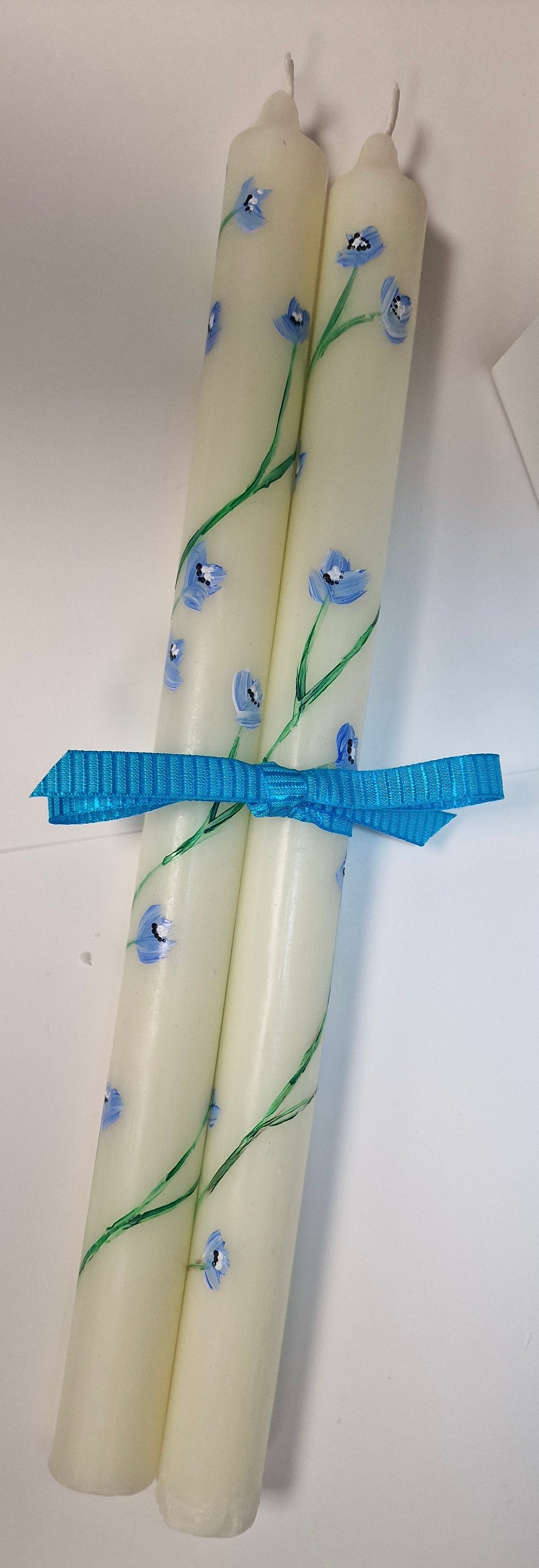 Hand-Painted Tall Tapered Candle Pair – Scottish Forget-Me-Not Floral Design
