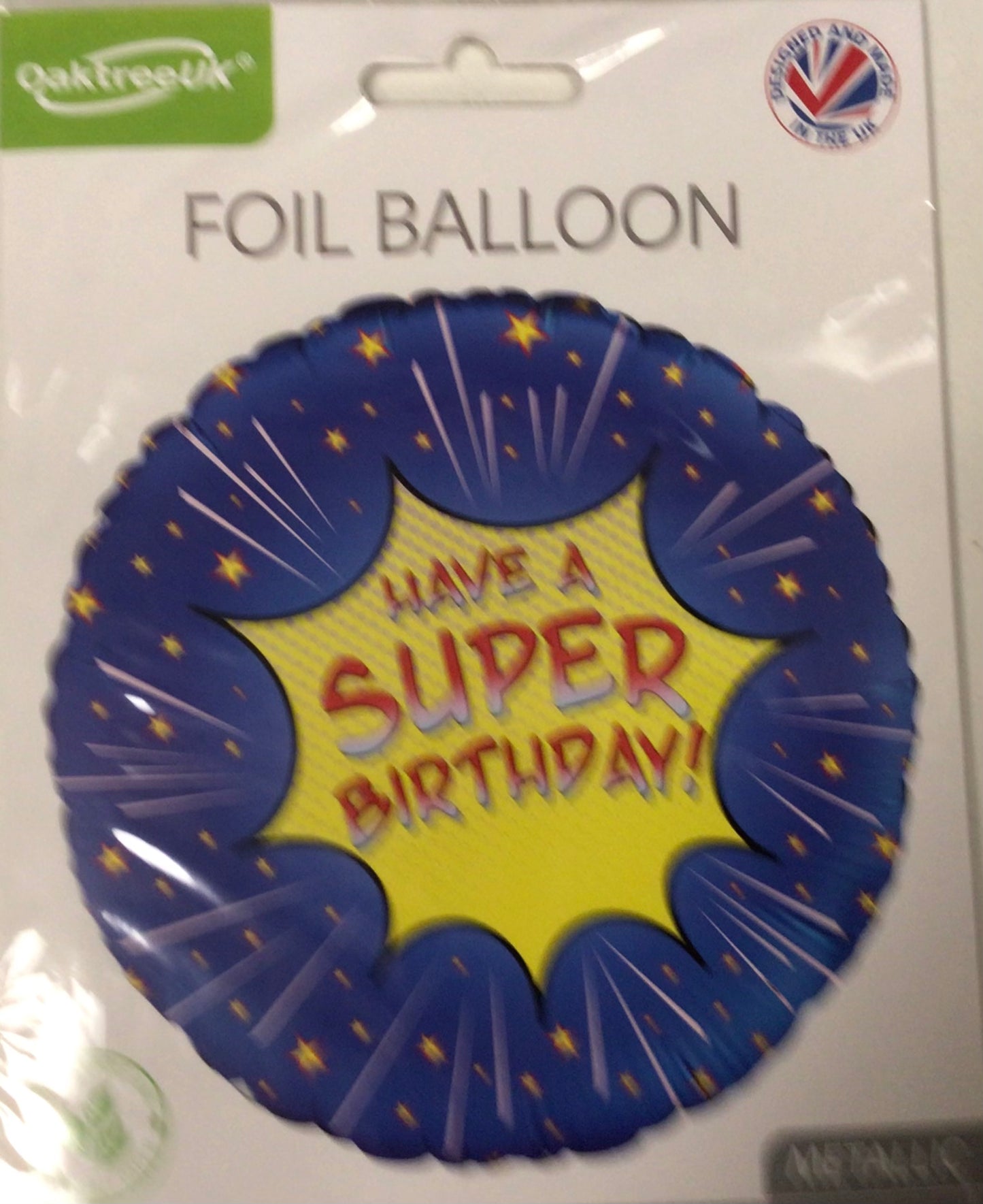 18” blue/multi coloured “have a super birthday” foil round shaped balloon