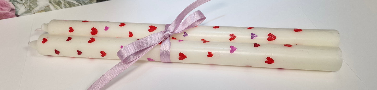 Hand-Painted Tall Tapered Candle Pair – Delicate Love Heart Design