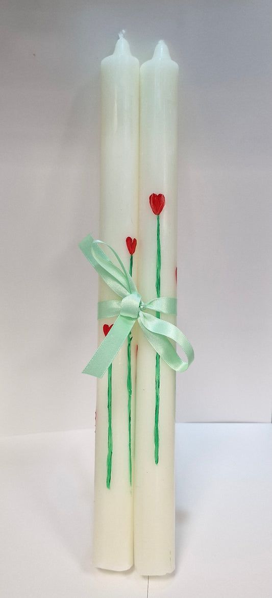 Hand-Painted Tall Tapered Candle Pair – Love Heart Stemmed Flower Design