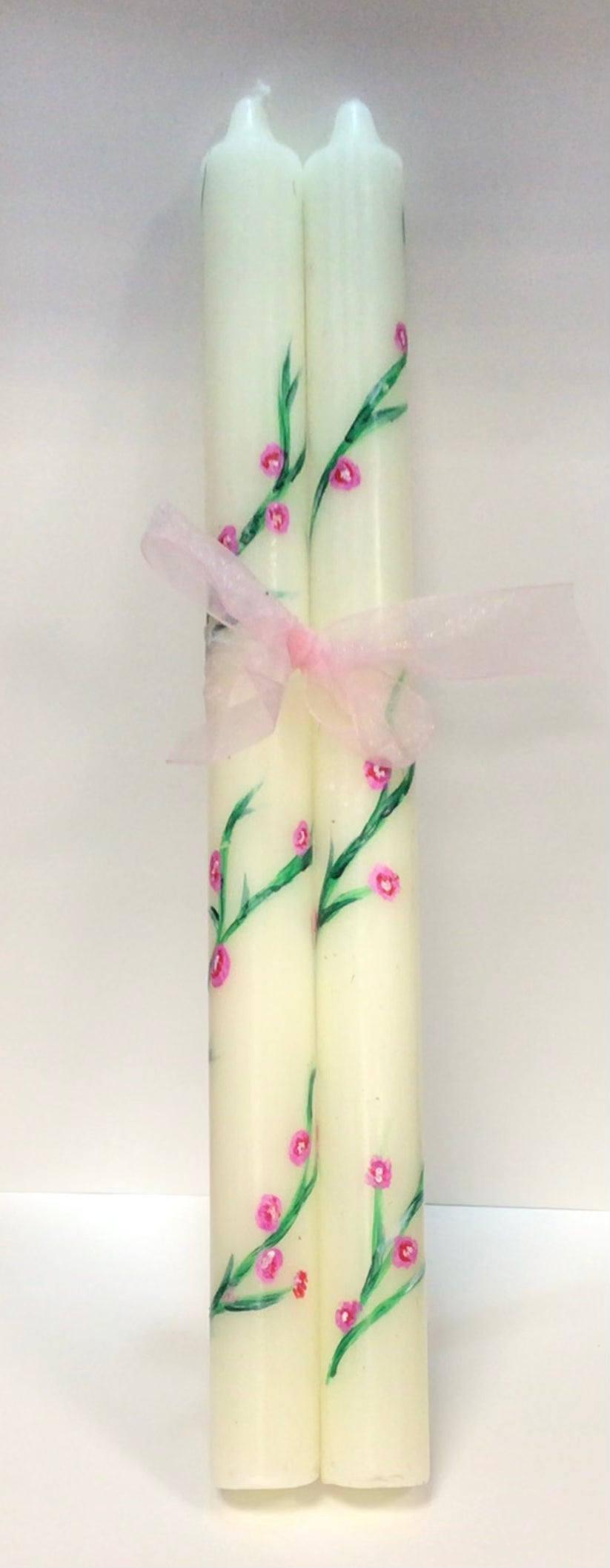Hand-Painted Tall Tapered Candle Pair - Cherry Blossom Floral Design