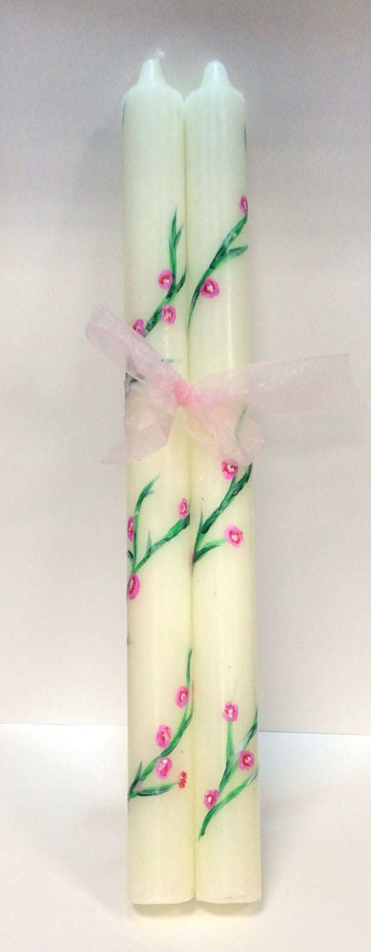 Hand-Painted Tall Tapered Candle Pair - Cherry Blossom Floral Design