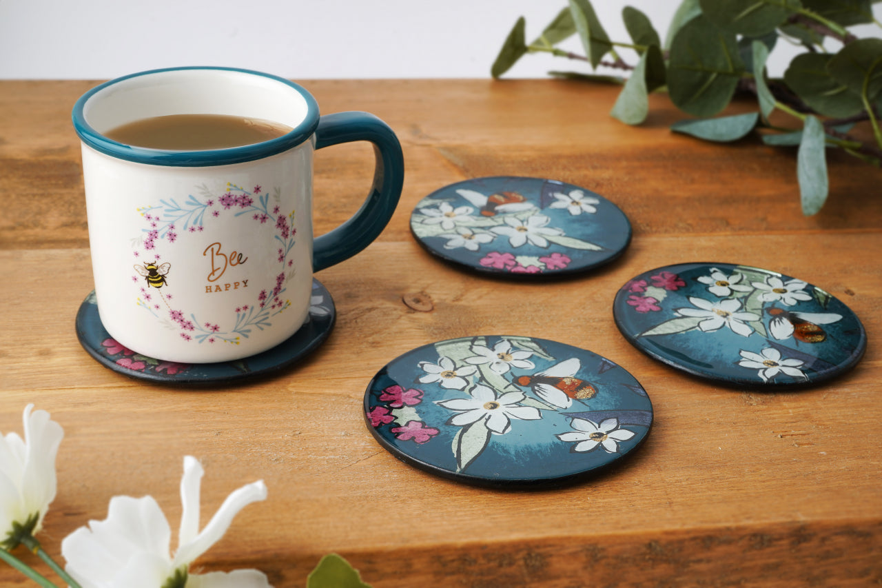 Set of 4 Teal Glass Coasters – Bee & Floral Design