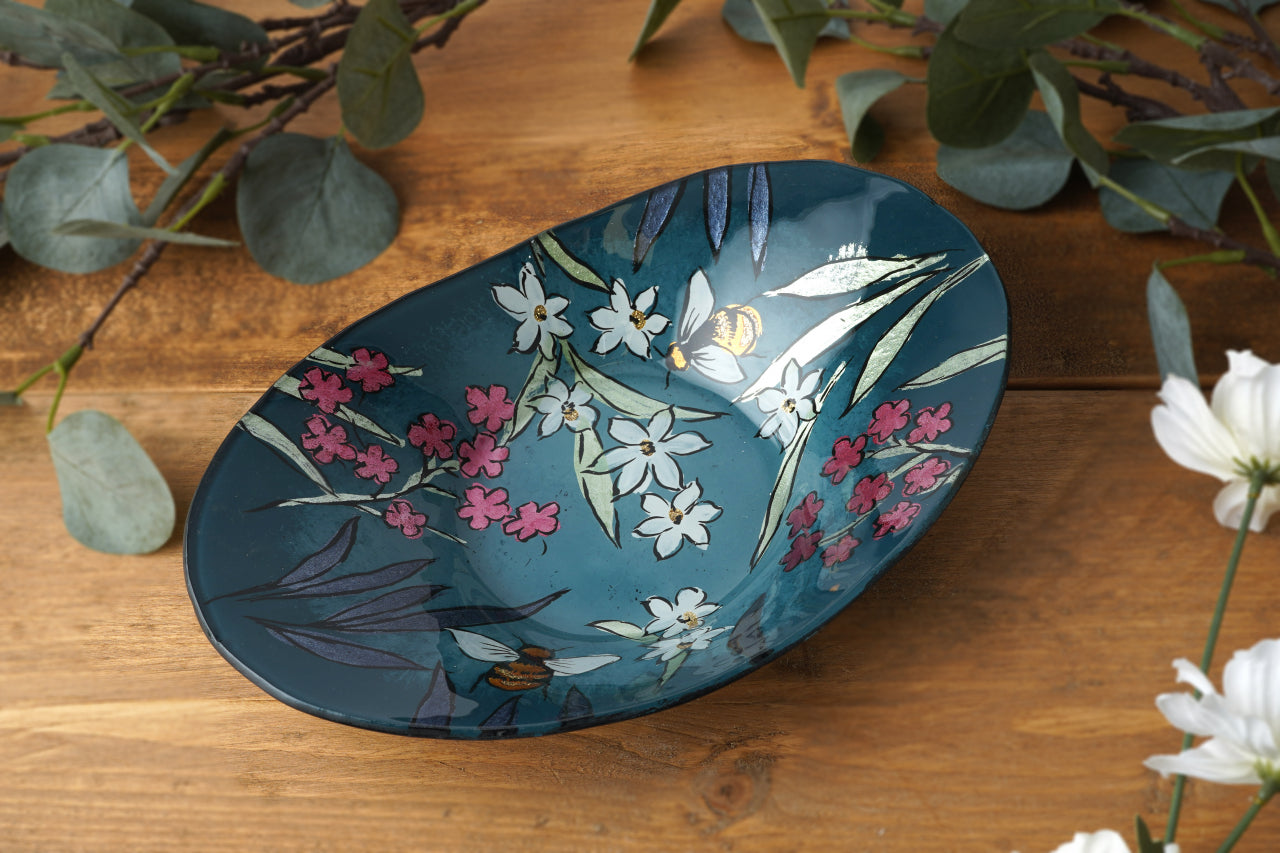 Teal Glass Oval Bowl – Bee & Floral Decorative Bowl