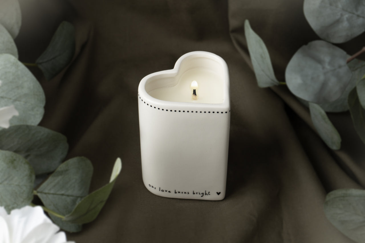 Heart Shaped Vanilla Candle – Ceramic Gift with “Our Love Burns Bright” Inscription