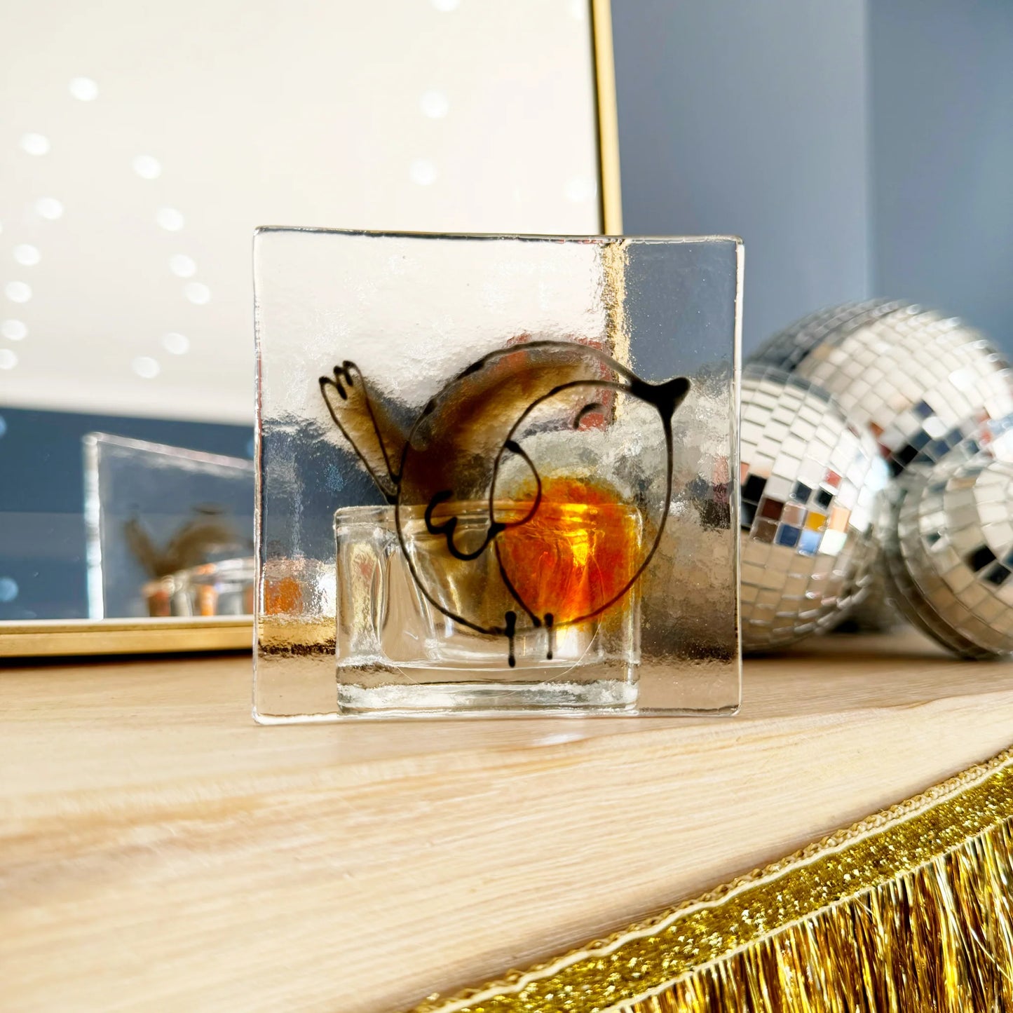 Handmade Fused Glass Robin Candle Holder