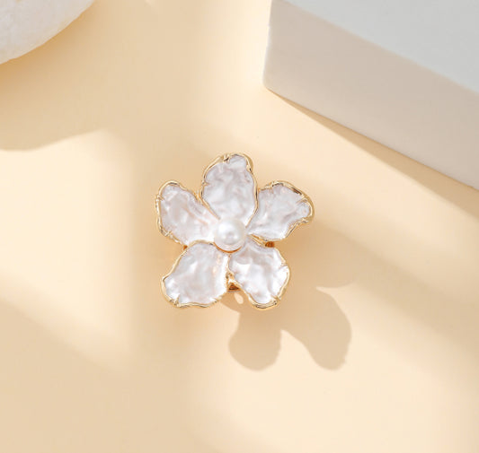 Gold Plated Magnetic Brooch | Elegant White Flower Design with Pearl Insert
