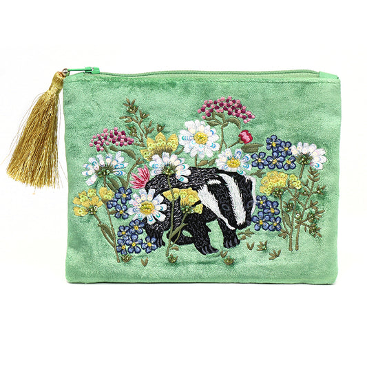Green Floral and Badger Velvet Makeup Pouch
