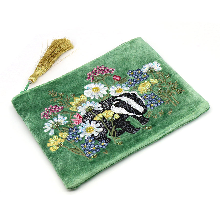 Green Floral and Badger Velvet Makeup Pouch