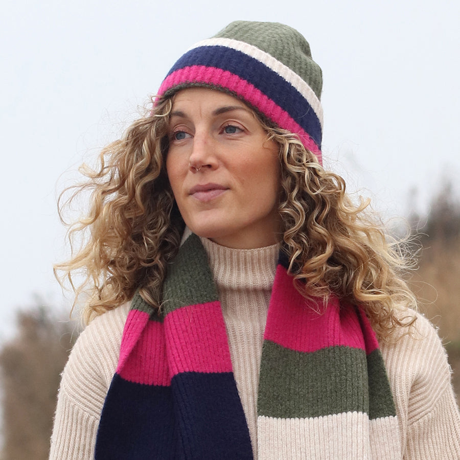 Green & Pink Ribbed Knit Beanie Hat