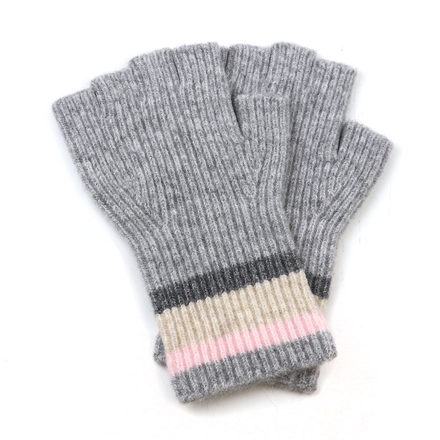 Grey Fingerless Gloves with Striped Cuff