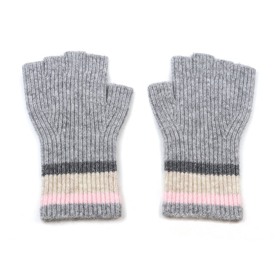 Grey Fingerless Gloves with Striped Cuff